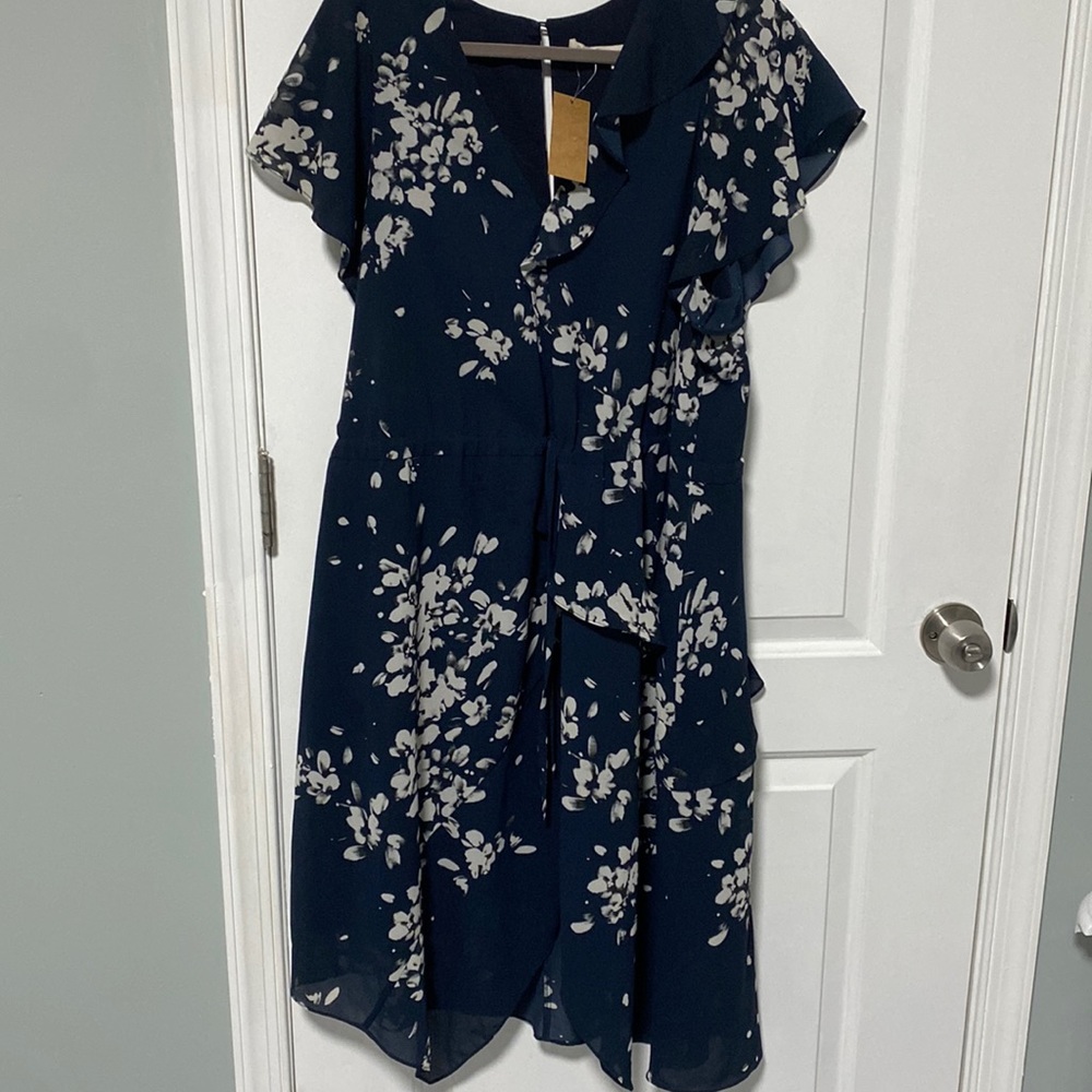 Rachel Roy navy blue floral dress with tie waist size XL